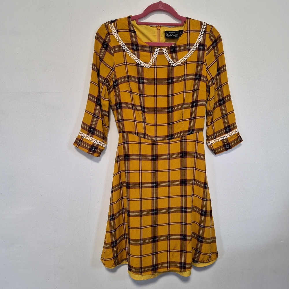 Voodoo Vixen Yellow Tartan Dress With Collar Detail